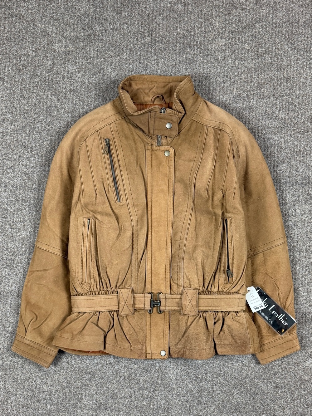 Vintage Brown Leather‎ Belted Cinch Waist High Neck Bomber Jacket Women’s XL NWT
